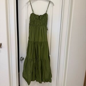Moon River Olive Green Tiered Maxi Dress with Spaghetti Straps